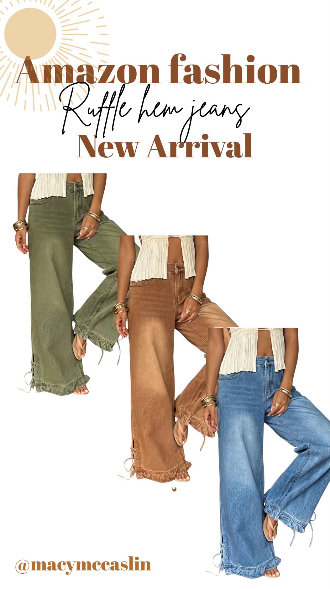 Macy McCaslin Facebook ad: Amazon new arrival baggy ruffle hem jeans.