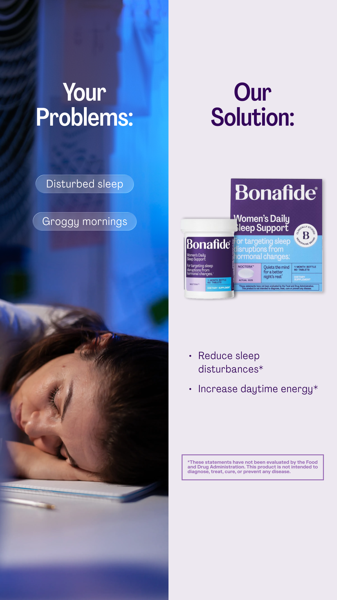 Bonafide Facebook ad: Restore your night. Restore your rest.