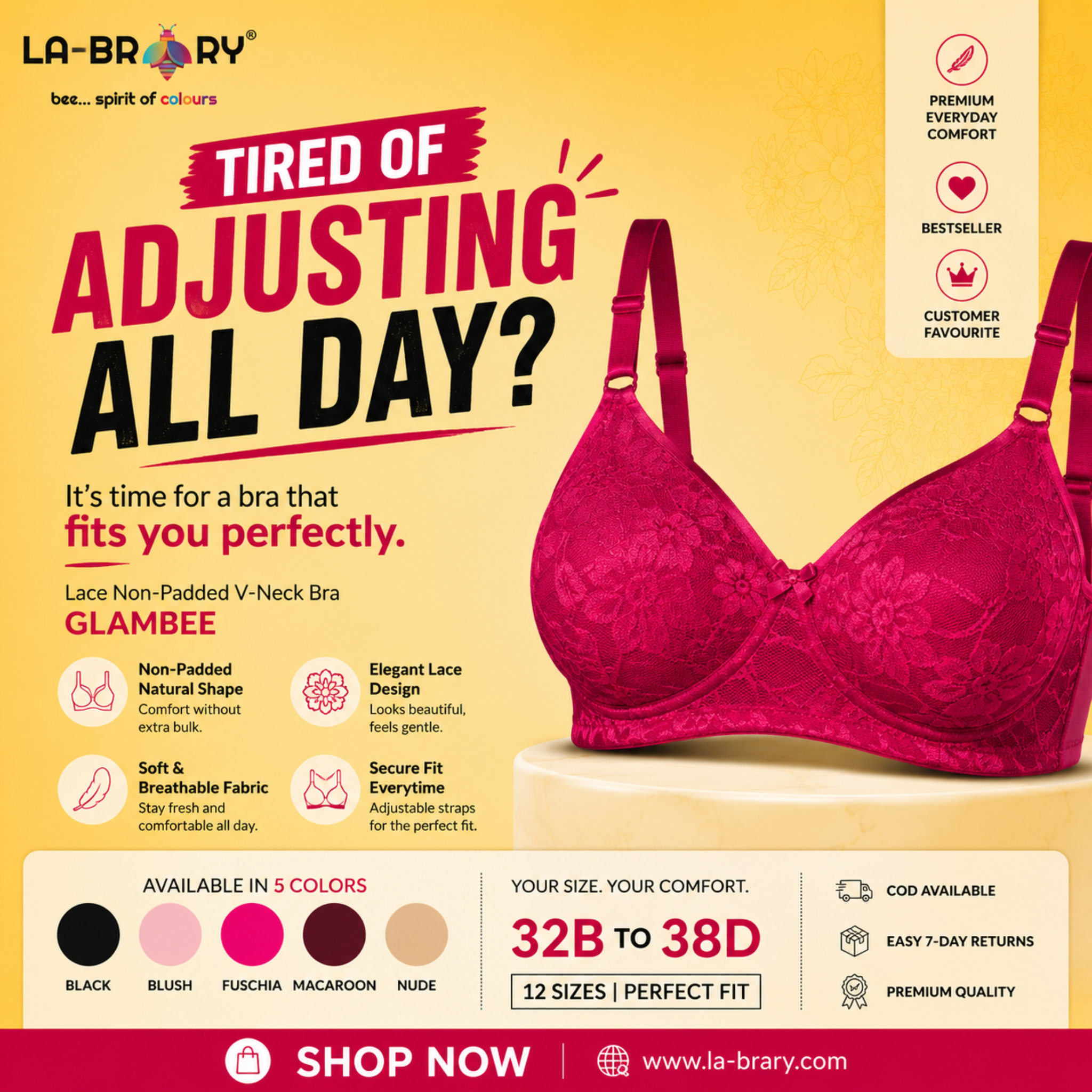 Labrary Facebook ad: Stop Adjusting Your Bra All Day
