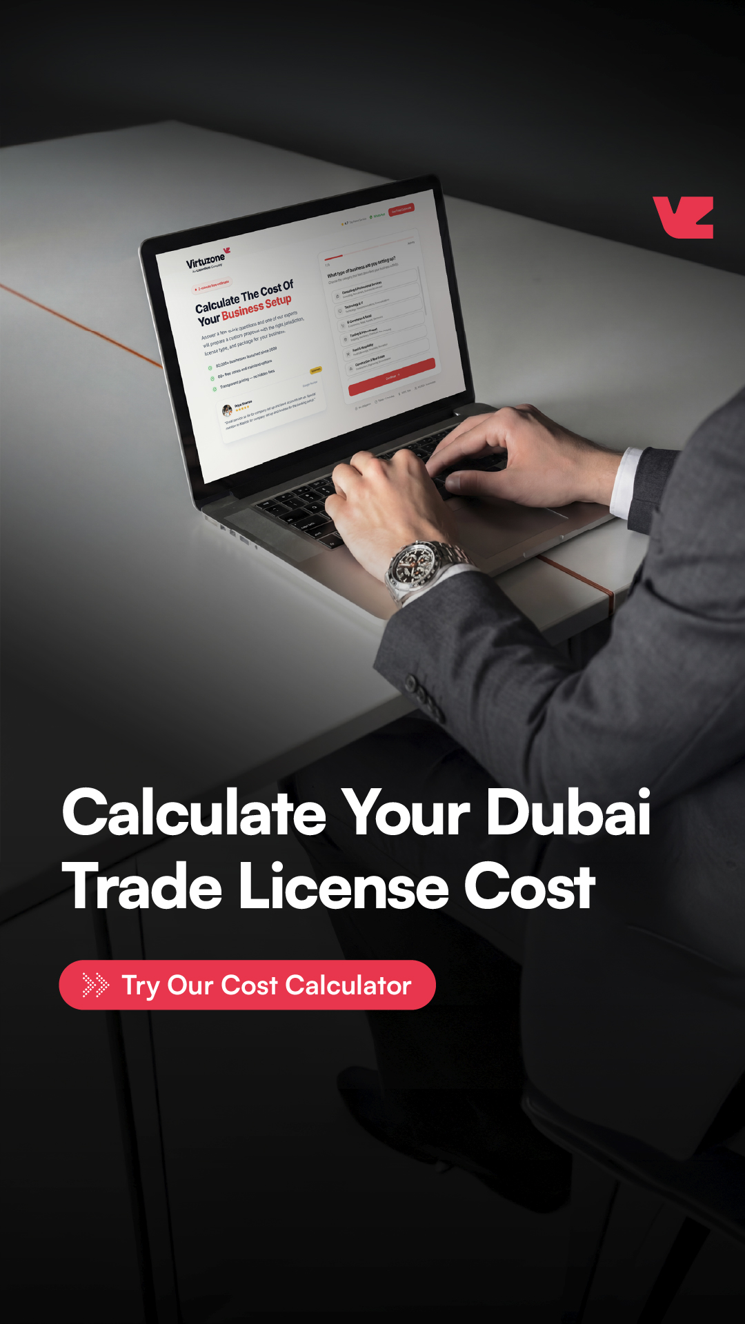 Virtuzone Facebook ad: Find Out Your Startup Cost
