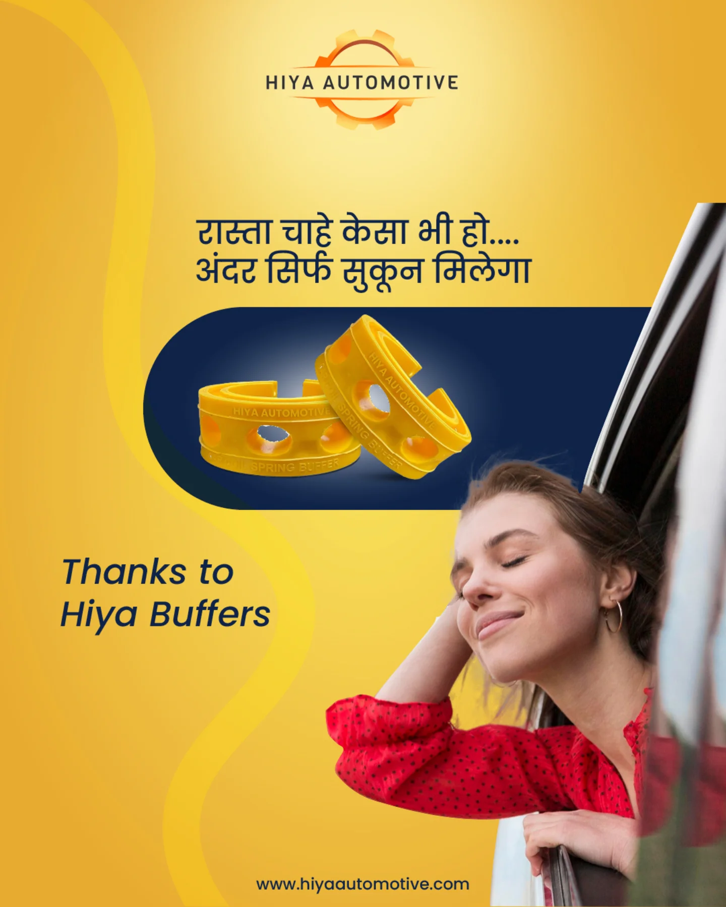 Hiya Automotive Facebook ad: Rain, potholes, or rough roads, Hiya, Buffers absorb…