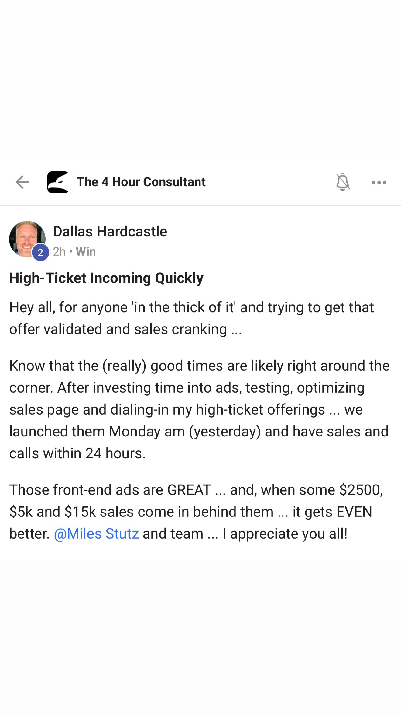 Miles Stutz - 4-Hour Consultant Facebook ad