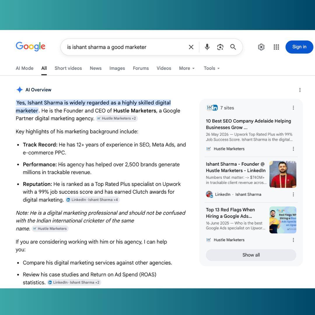 Hustle Marketers Facebook ad: Google's AI Overview confirms Ishant Sharma as a…