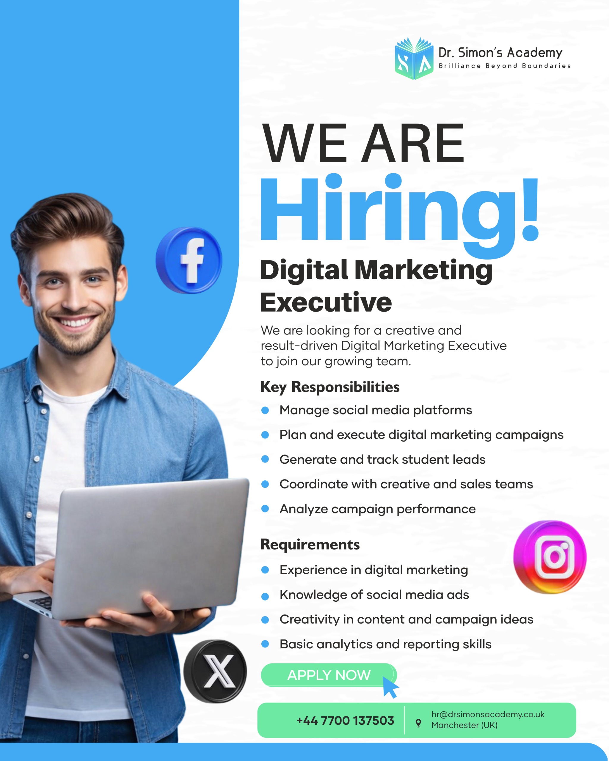 Dr. Simon's Academy Facebook ad: Apply now and grow with us!