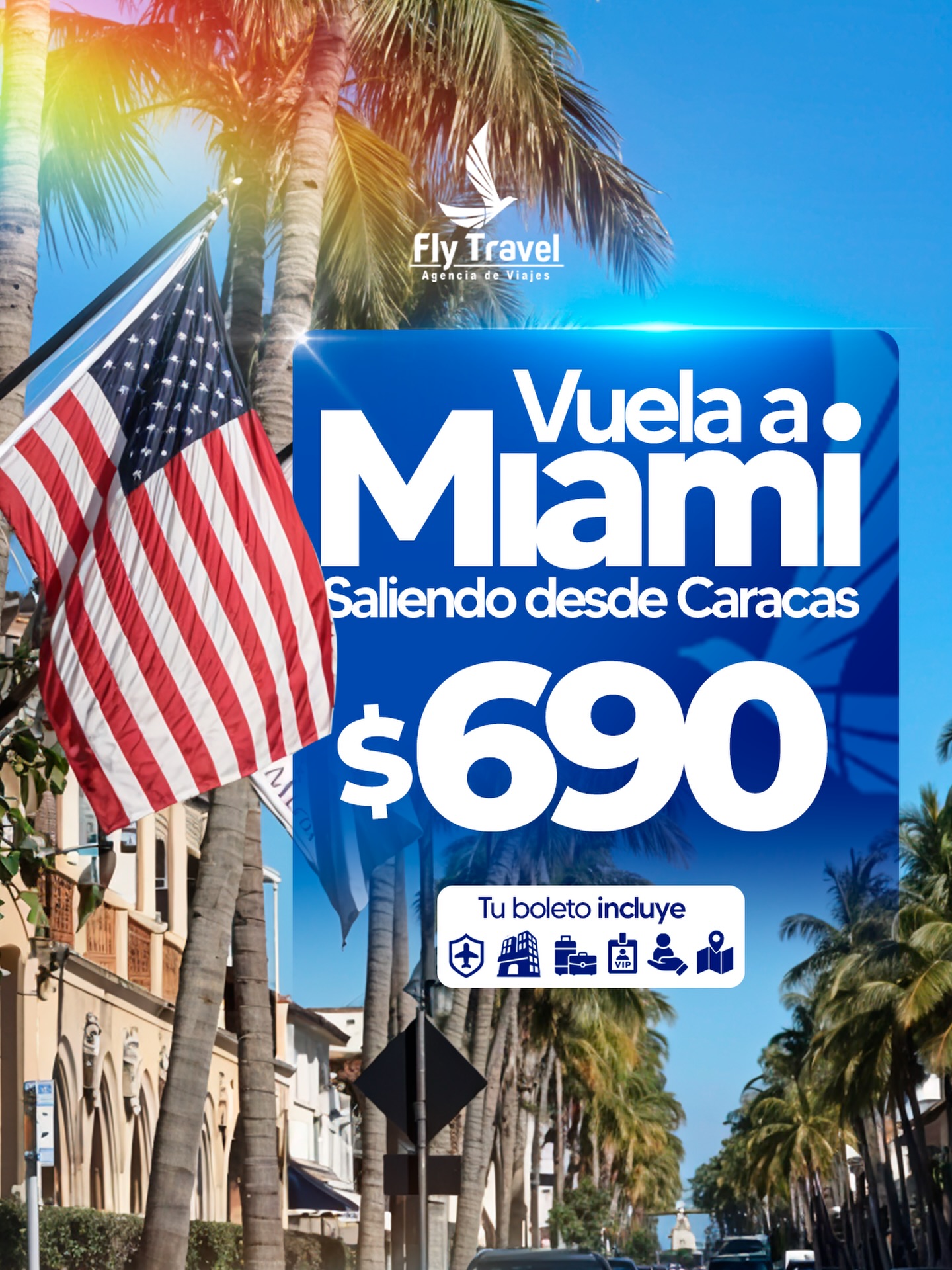 Fly Travel USA Facebook ad: ¡Miami te espera por solo $690!