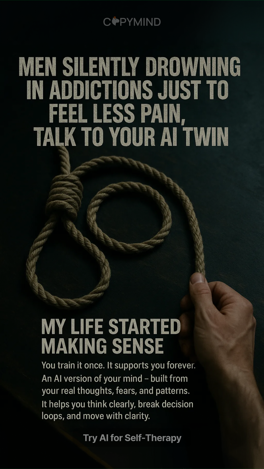 Copymind AI: emergency therapy Facebook ad: Try the Copymind app today!