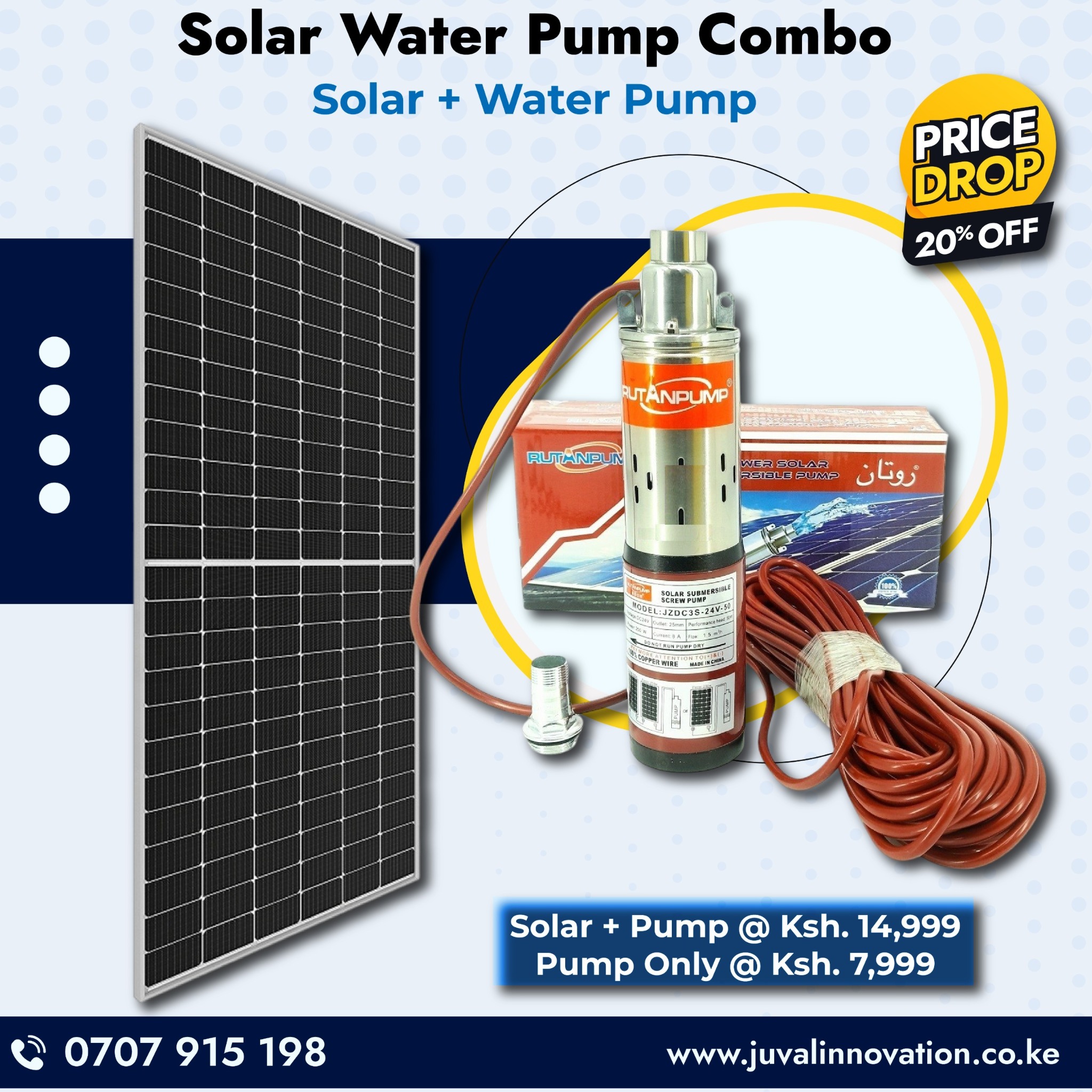 Juval Innovations LTD Facebook ad: Solar + Pump (300W Panel), Ksh. 14,999 Pump Only, Ksh. 7,999