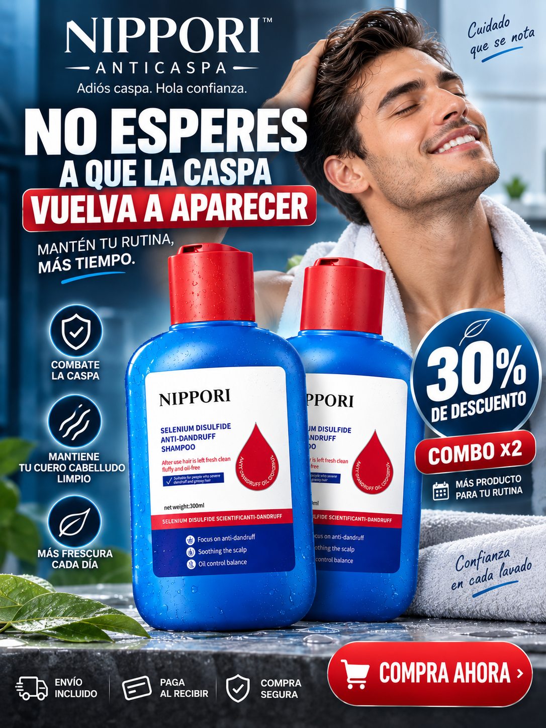 Emay Facebook ad: Lleva 2 Nippori Anticaspa y obtén 30% de descuento.