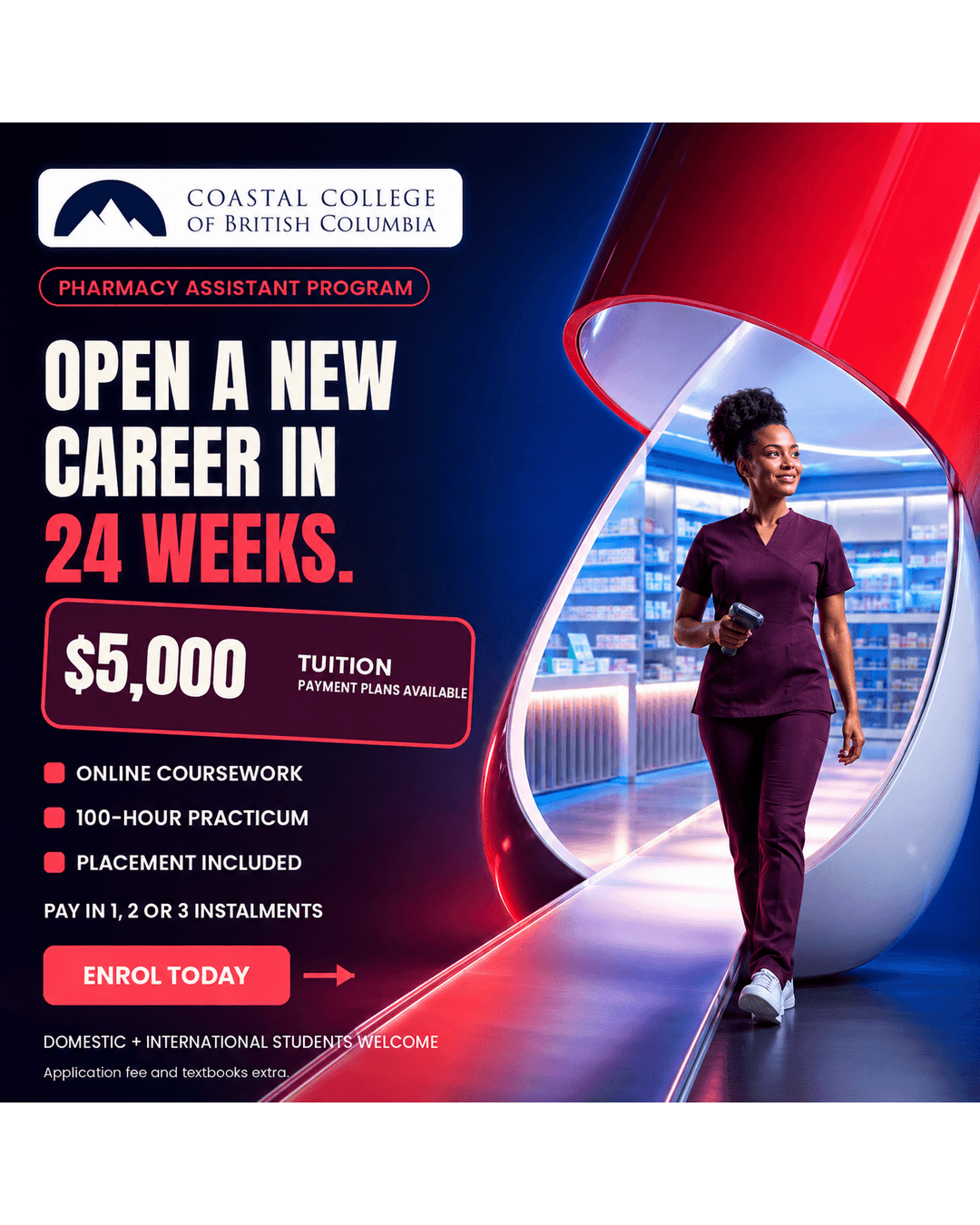 Coastal College of British Columbia Facebook ad: Star a new career in under 6 months!