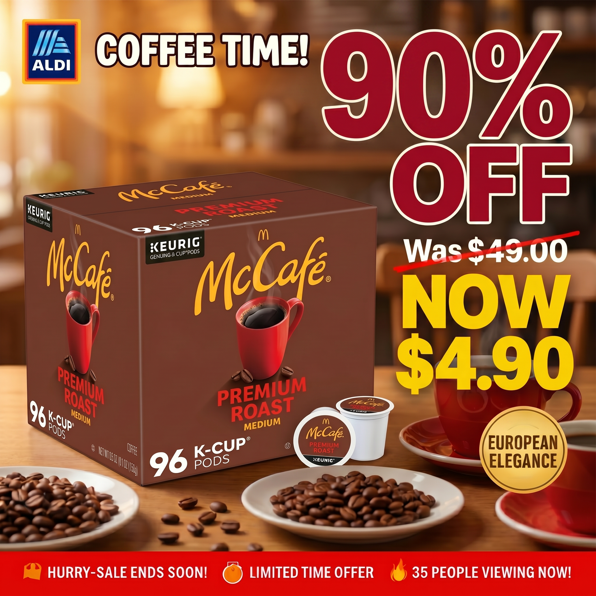 Simply ALDI Deals Facebook ad: 90% OFF McCafé Premium Roast, ALDI Quality Guaranteed!