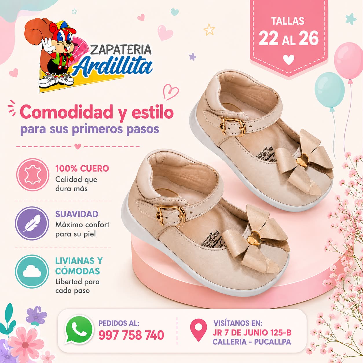 Zapatería Ardillita EIRL Facebook ad: Comodidad y estilo para sus primeros pasos.
