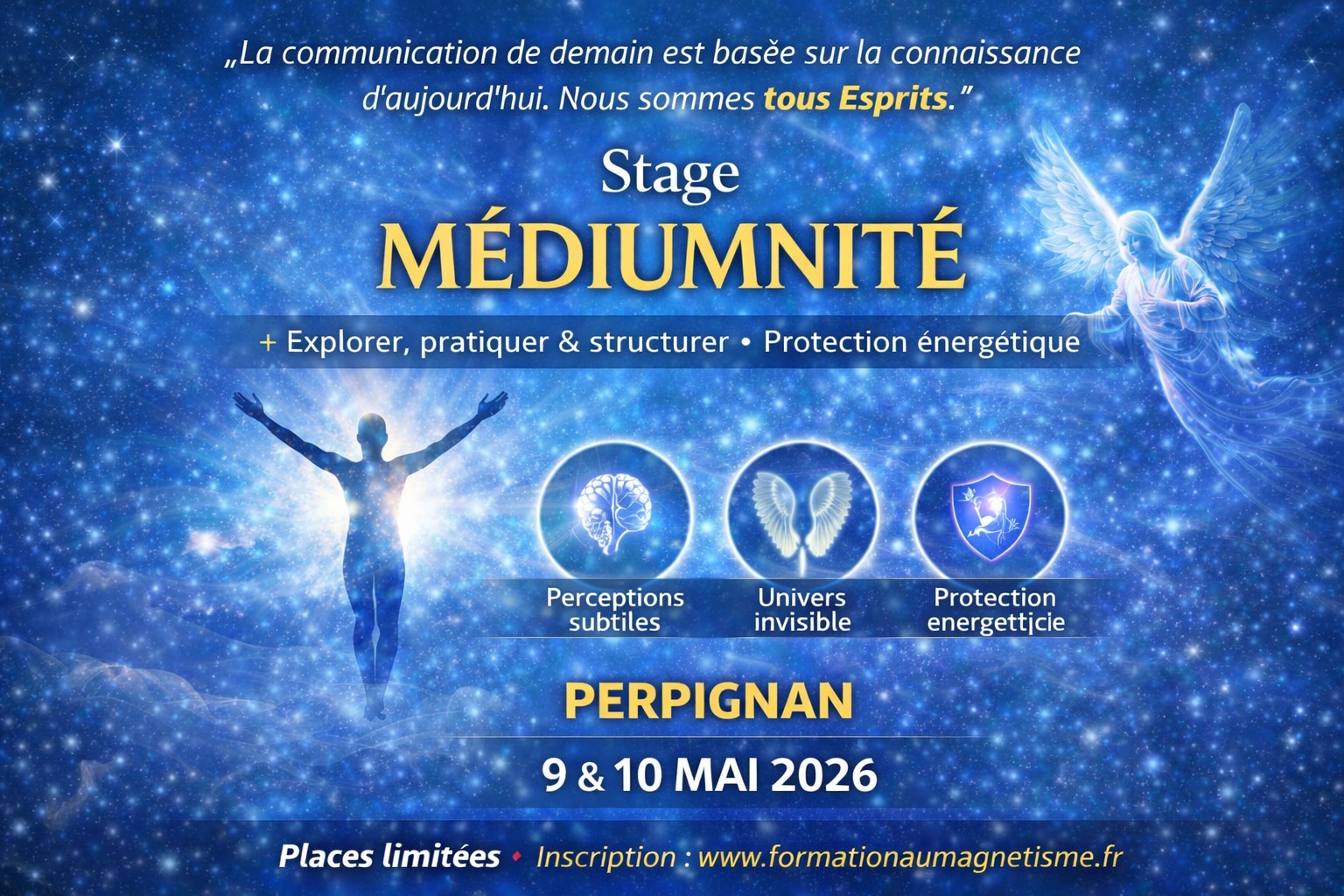 Formations La Lumière de l'Esprit par Gérald FERRY Facebook ad: Perpignan: Stage Médiumnité, Niveau 1 | 9 & 10 mai 2026