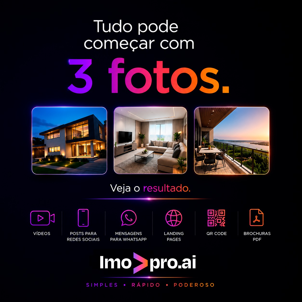 imovpro.ai Facebook ad: Tudo pode começar com 3 fotos.