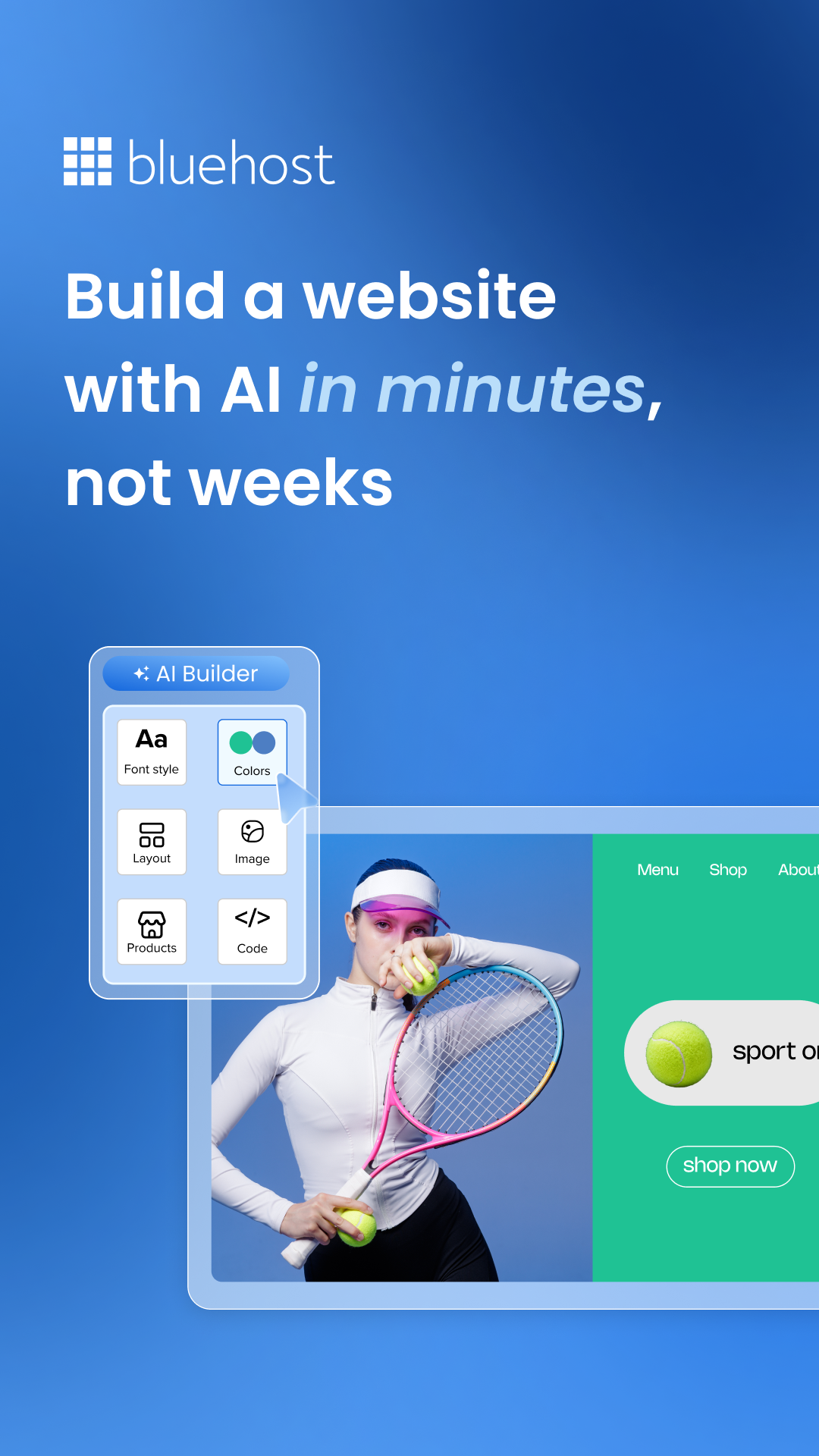 Bluehost Facebook ad: Free for 14 days: build your site, no coding needed