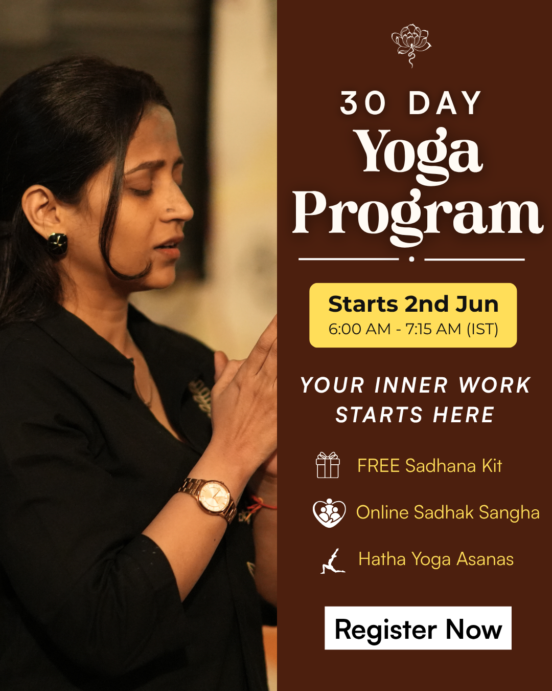 Shala Yoga Facebook ad: Join our 30 day yoga sadhana and transform your life.