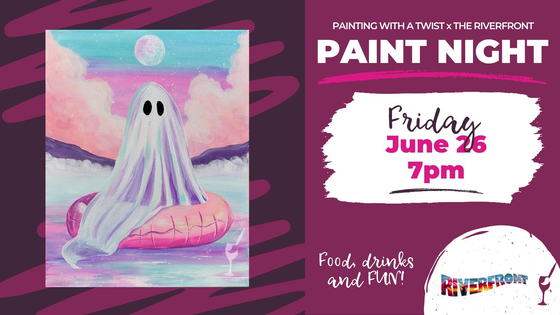 Painting with a Twist Facebook ad: Paint and Sip at The Riverfront with Views