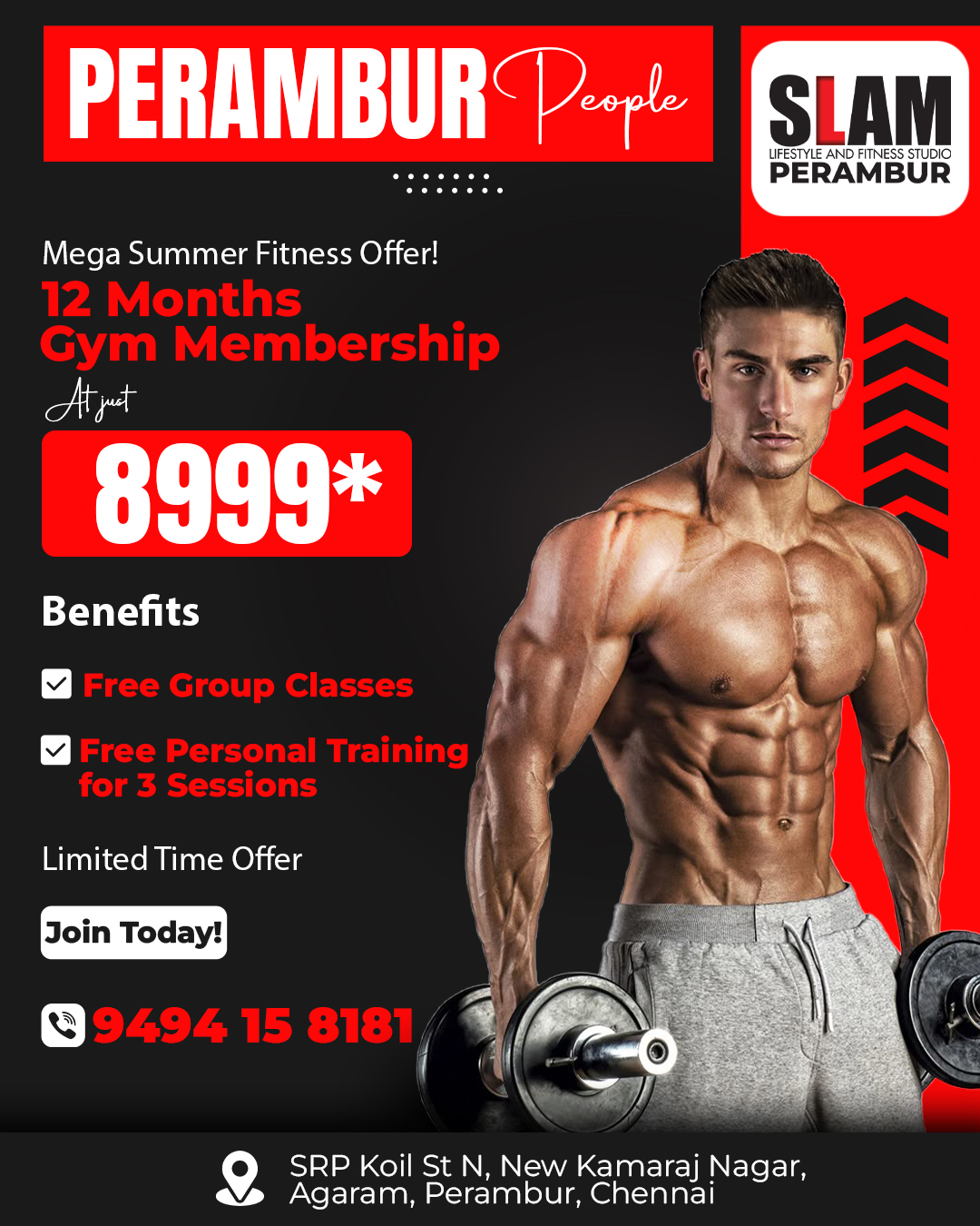SLAM Lifestyle and Fitness Studio Facebook ad: Join @ ₹8999 + Free Classes + PT, Hurry