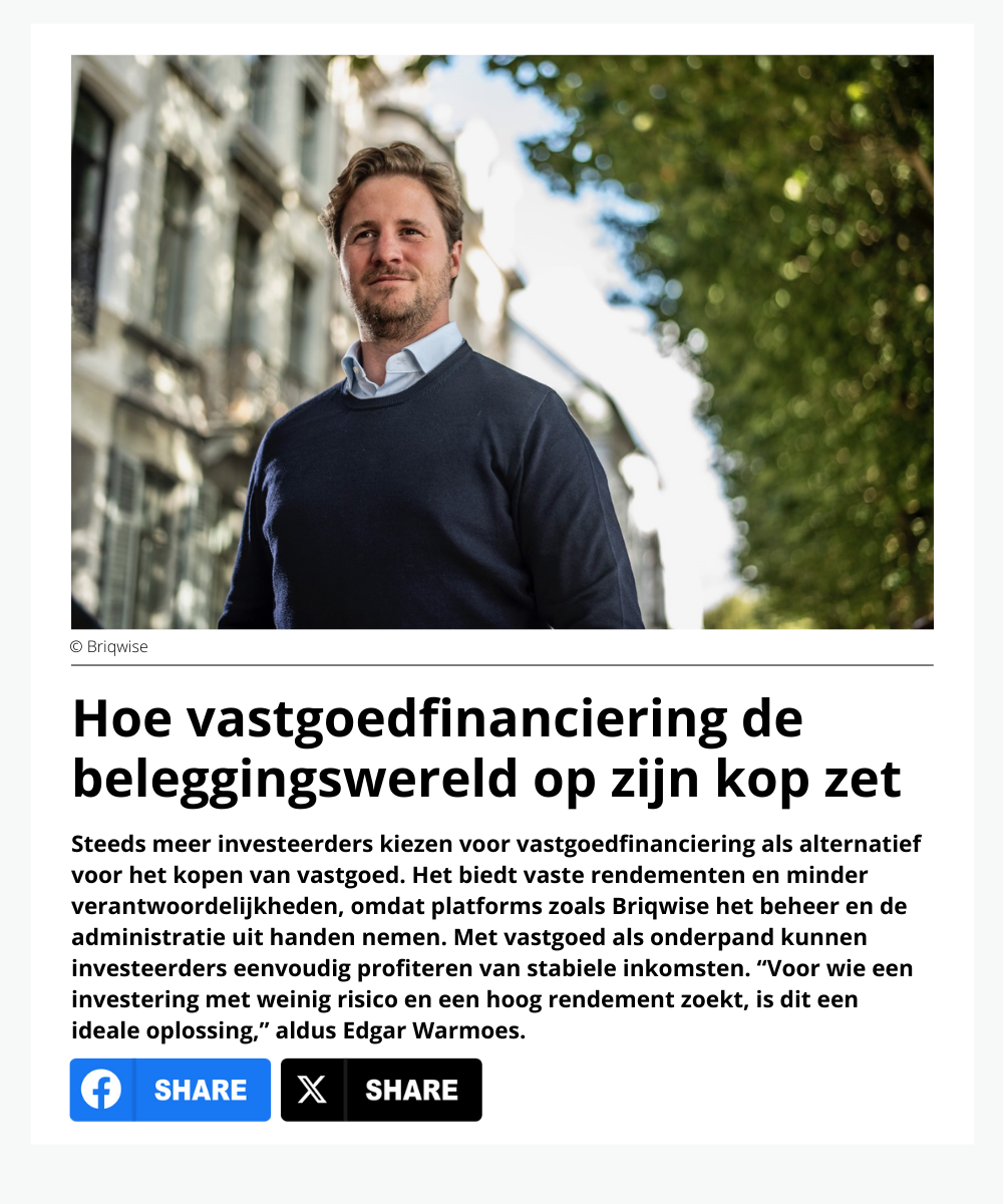 Briqwise België Facebook ad: Investeer aan minimum 7,5% vaste rente op 3 tot 5 jaar.