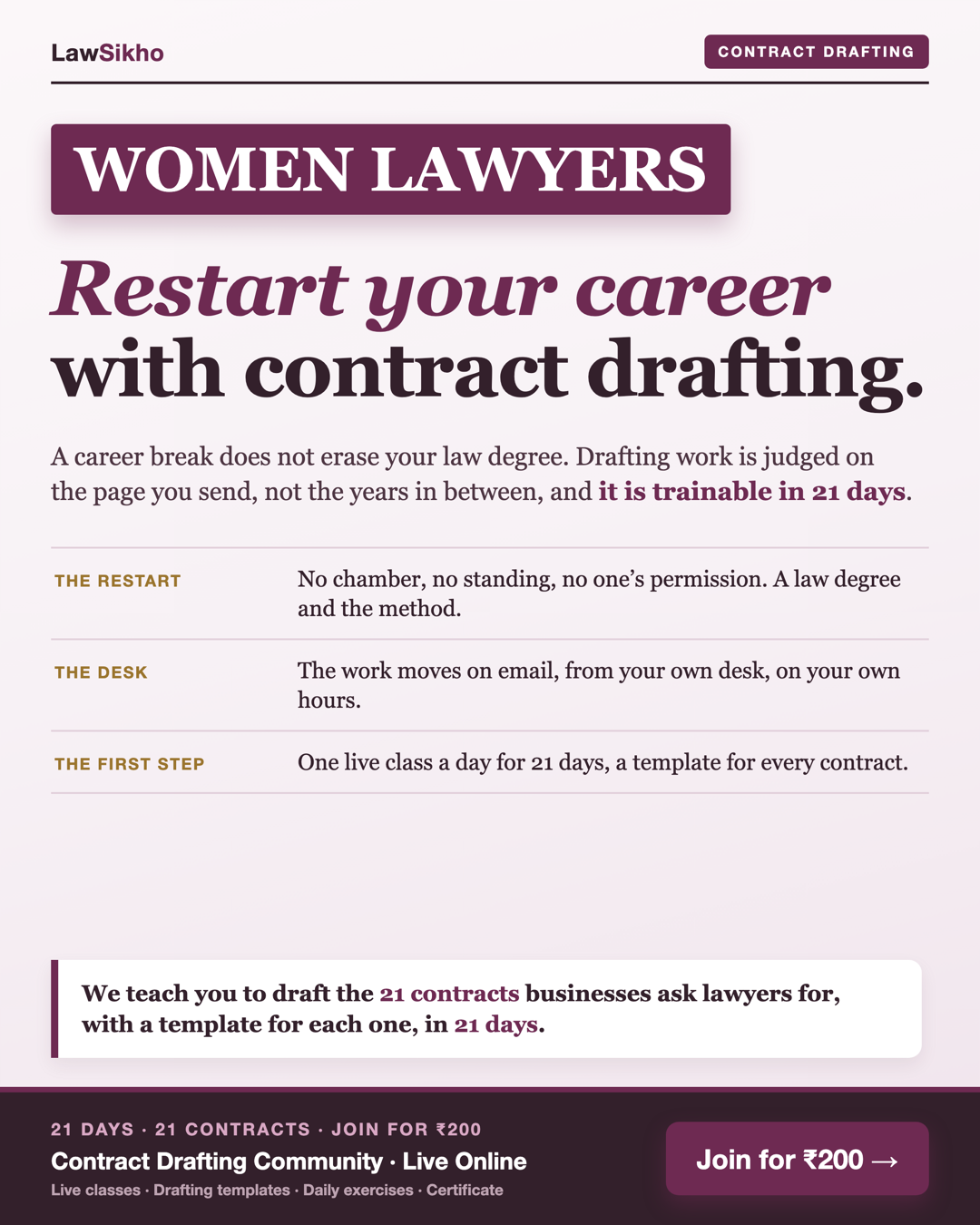 LawSikho Facebook ad: Restart Your Career With Contract Drafting