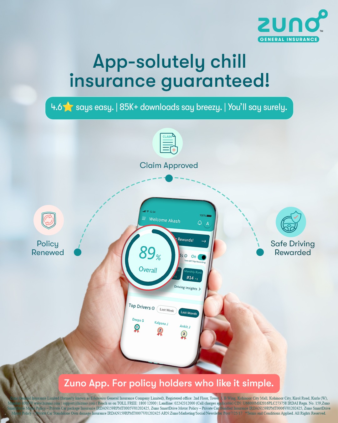 Zuno General Insurance Facebook ad: The Zuno App makes insurance easy to manage…