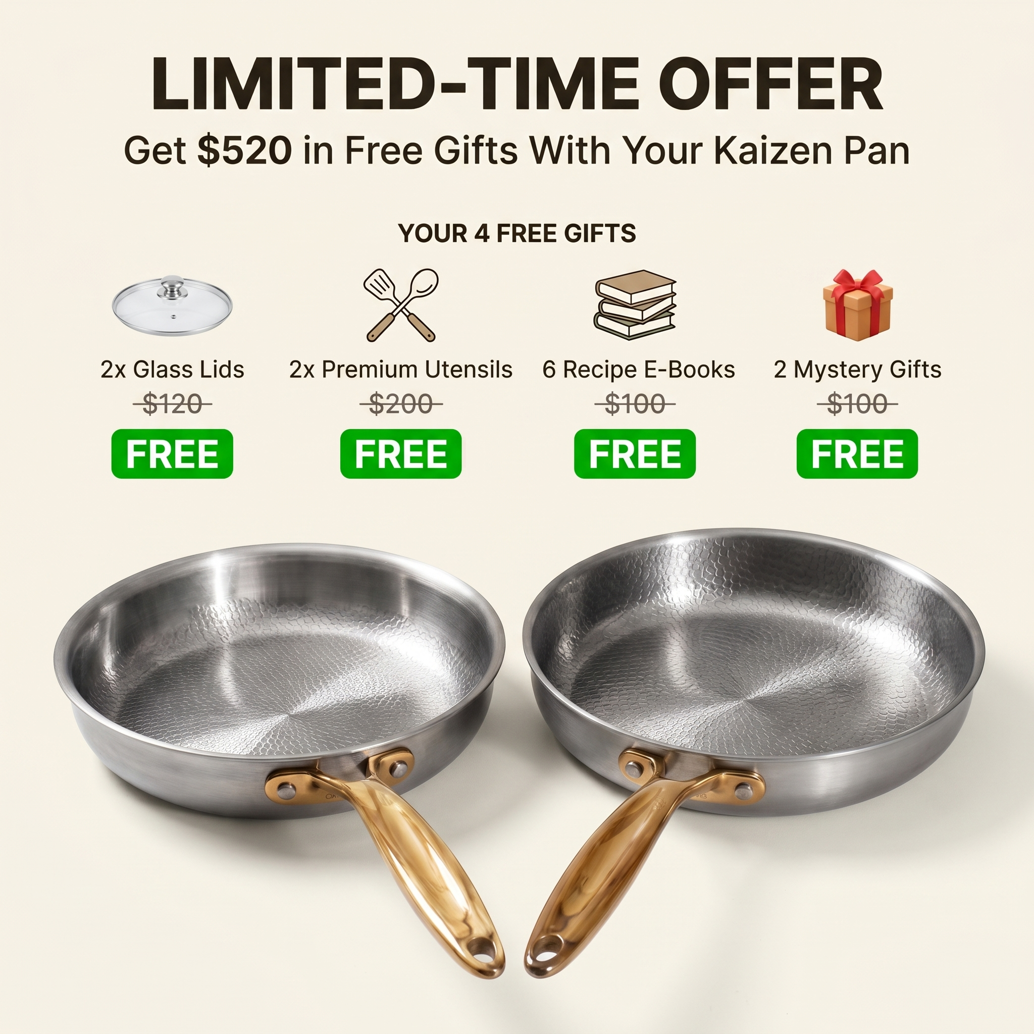 Kaizen Cookware Facebook ad: Get $520 in Free Gifts With Your Kaizen Pan
