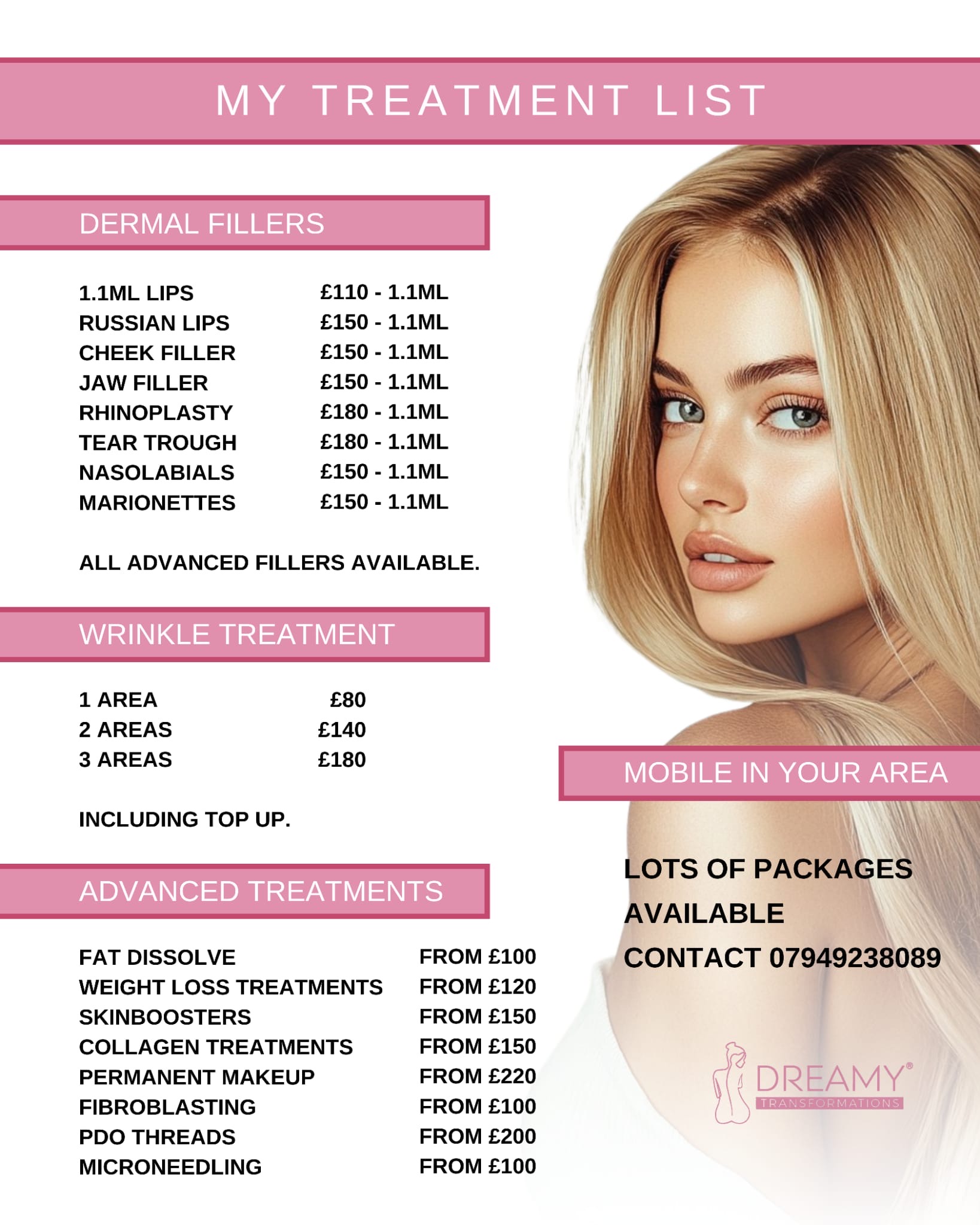 Dreamy Transformations Ltd Facebook ad: Please contact me for all offers and packages.