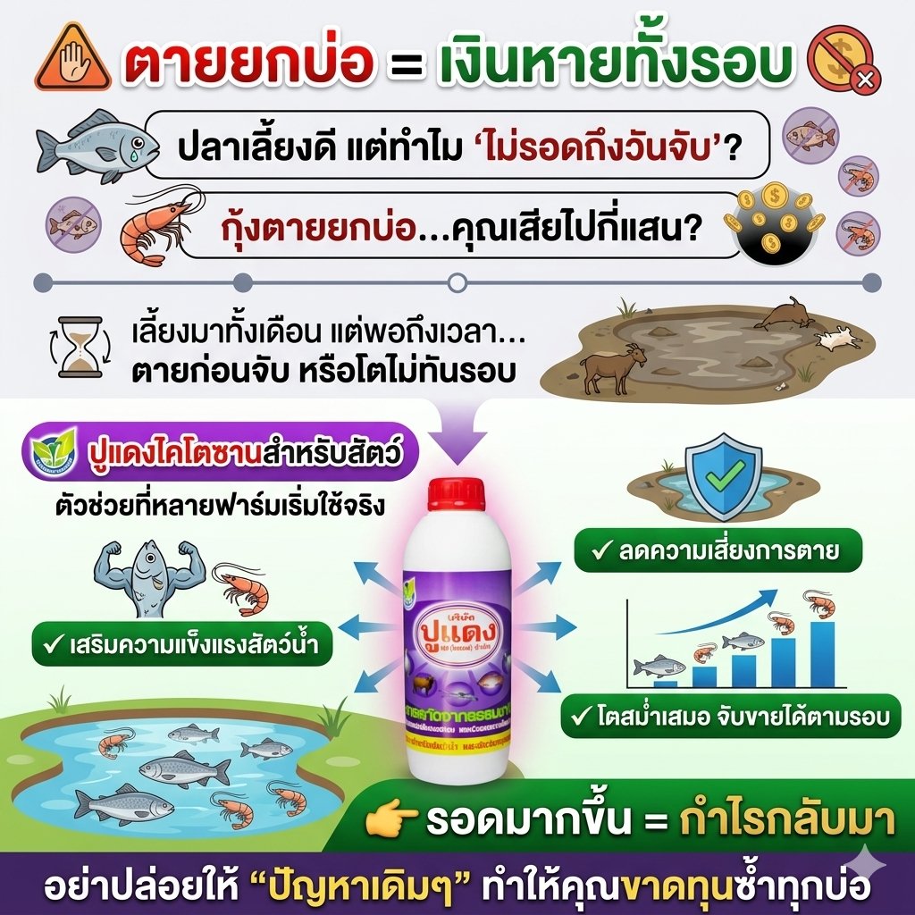 ไคโตซาน ปูแดง สำหรับ พืช และ สัตว์ Facebook ad: ตายยกบ่อ = เงินหายทั้งรอบ