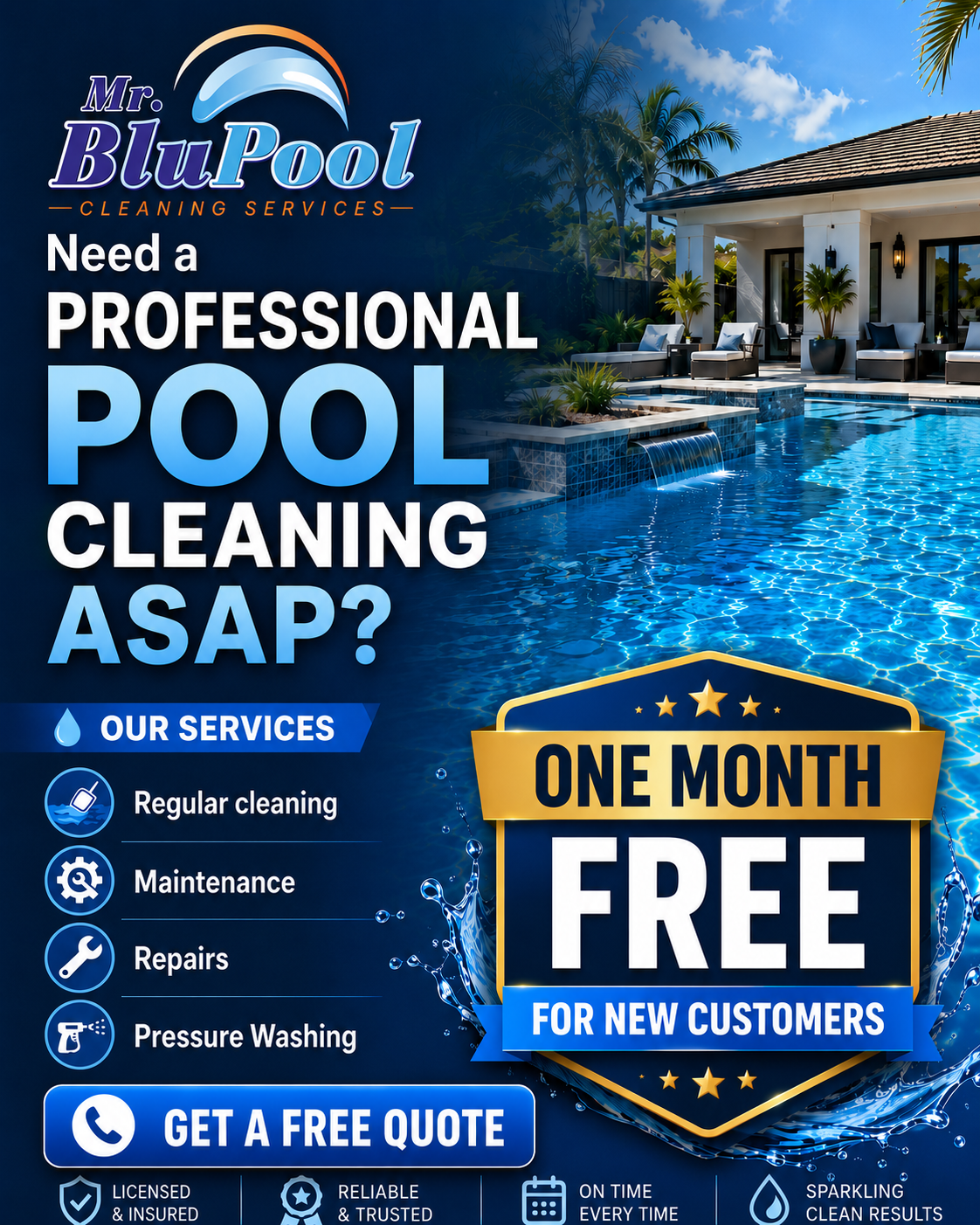 MR Blu Pool Facebook ad: 1-Month Free For New Customers!
