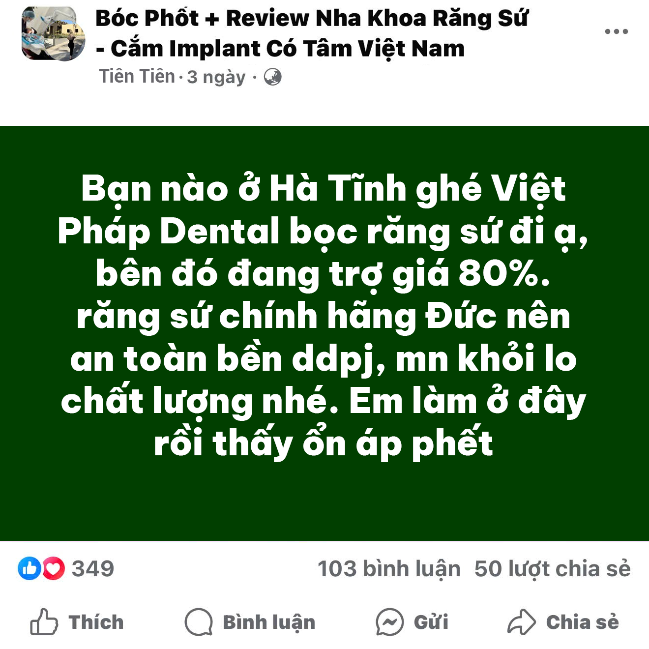 Phòng Khám Chuyên Khoa Răng Hàm Mặt Việt Pháp Dental Hà Tĩnh Facebook ad: Combo 16 Răng Sứ DIAMOND Chỉ 5tr9