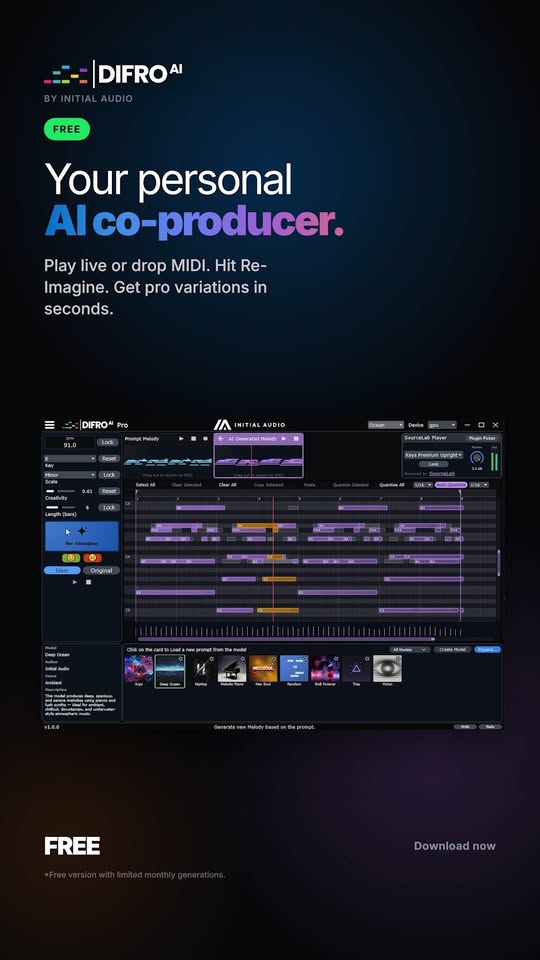 Initial Audio Facebook ad: FREE AI MIDI GENERATOR