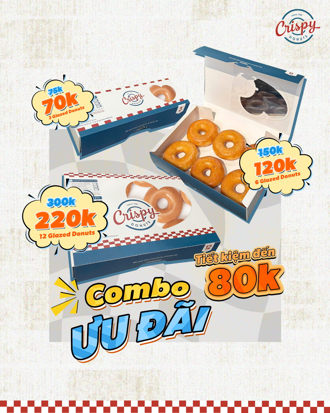 Crispy Donuts vn Facebook ad: TIẾT KIỆM ĐẾN 80.000 VNĐ KHI MUA GLAZED…