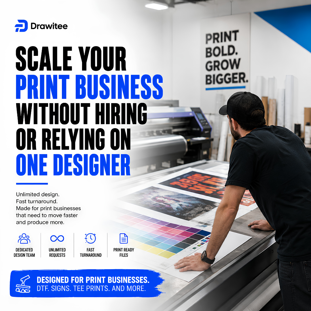 Drawitee Facebook ad: Scale Your Print Business Without Design Bottlenecks