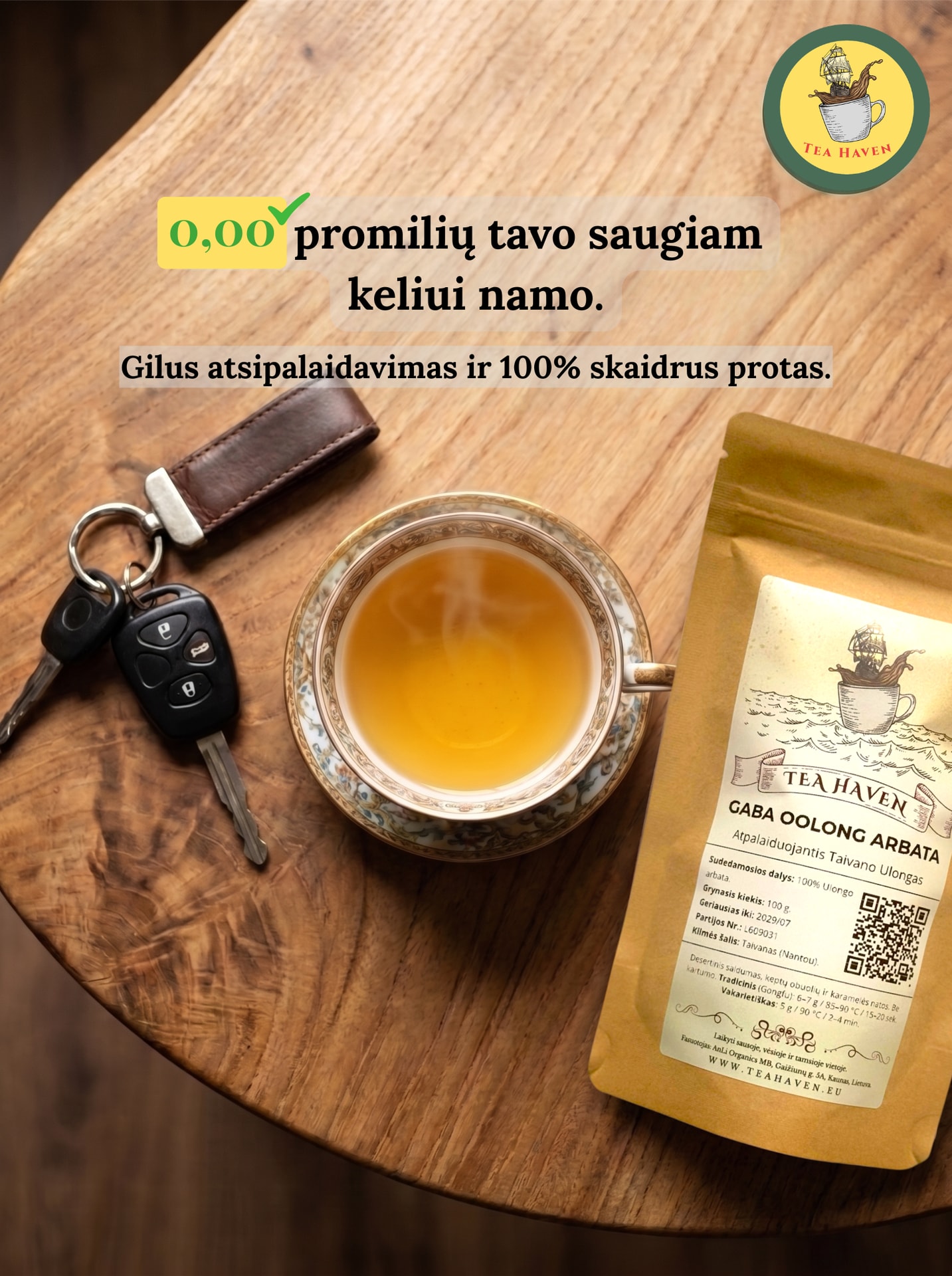 Tea Haven Facebook ad: 0.00 promilių. Vairuok drąsiai.