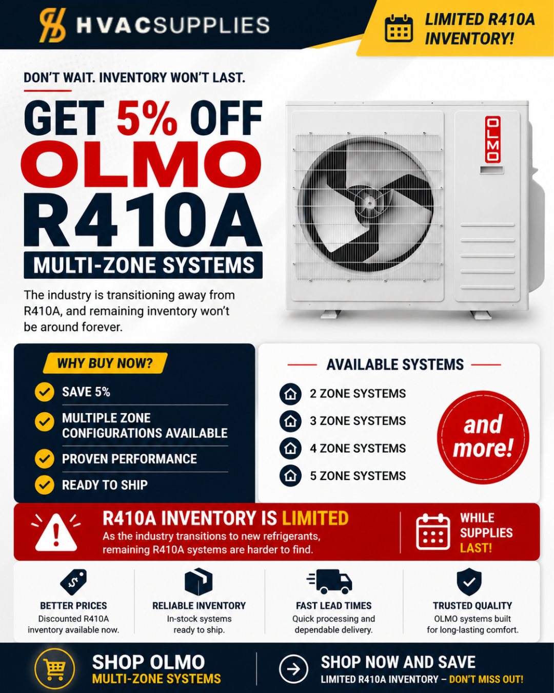 HVACSupplies Facebook ad: Save 5% on OLMO R410A Multi-Zone Systems
