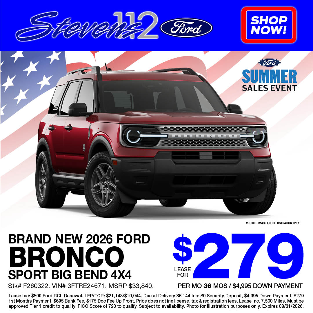 Stevens 112 Ford Facebook ad: 2023 Ford Bronco Sport Outer Banks $26,494