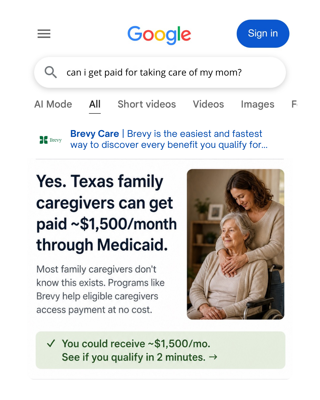 Brevy Care Facebook ad: Get paid for caring for your family at home