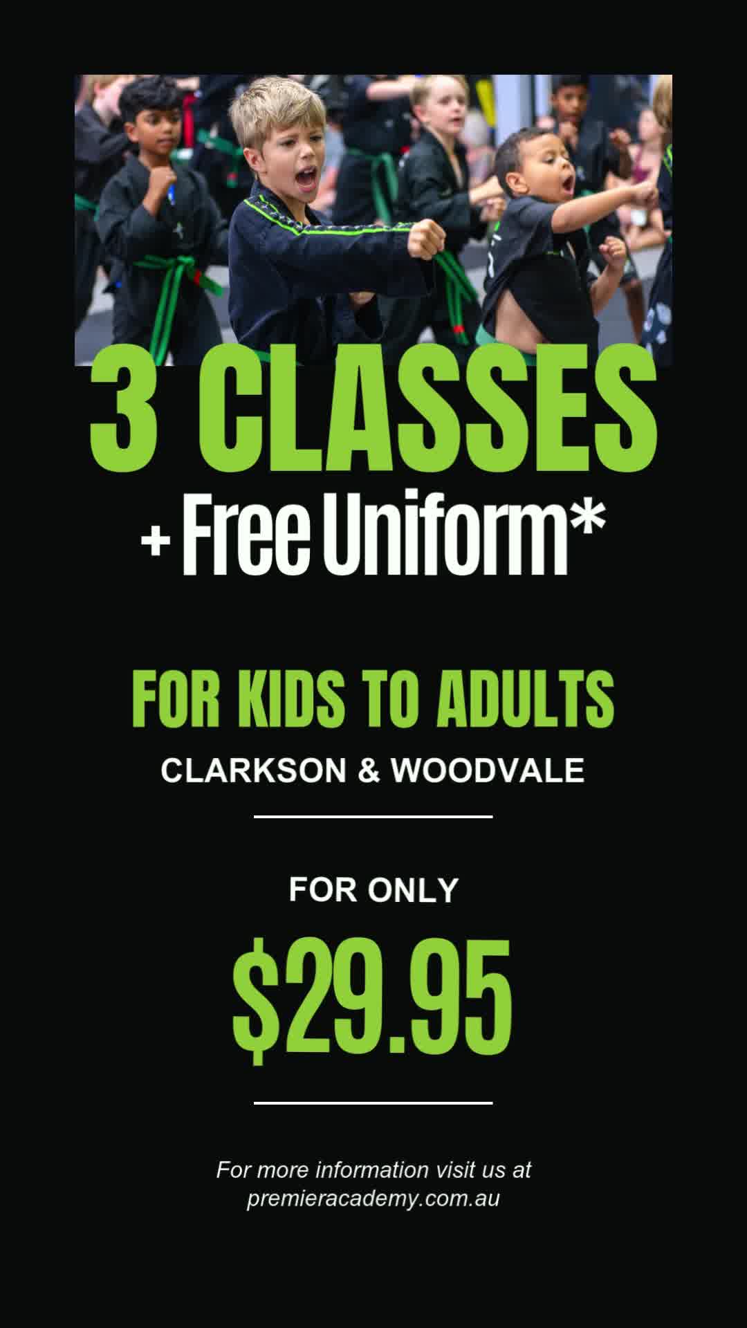 Premier Martial Arts Academy Facebook ad from May 1, 2026