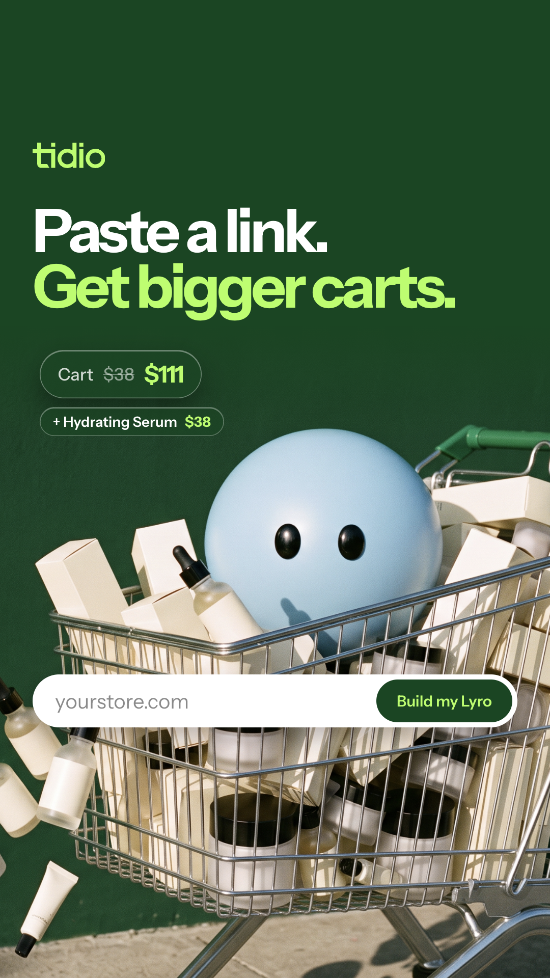 Tidio Facebook ad: Your Store URL. Your First Flow.