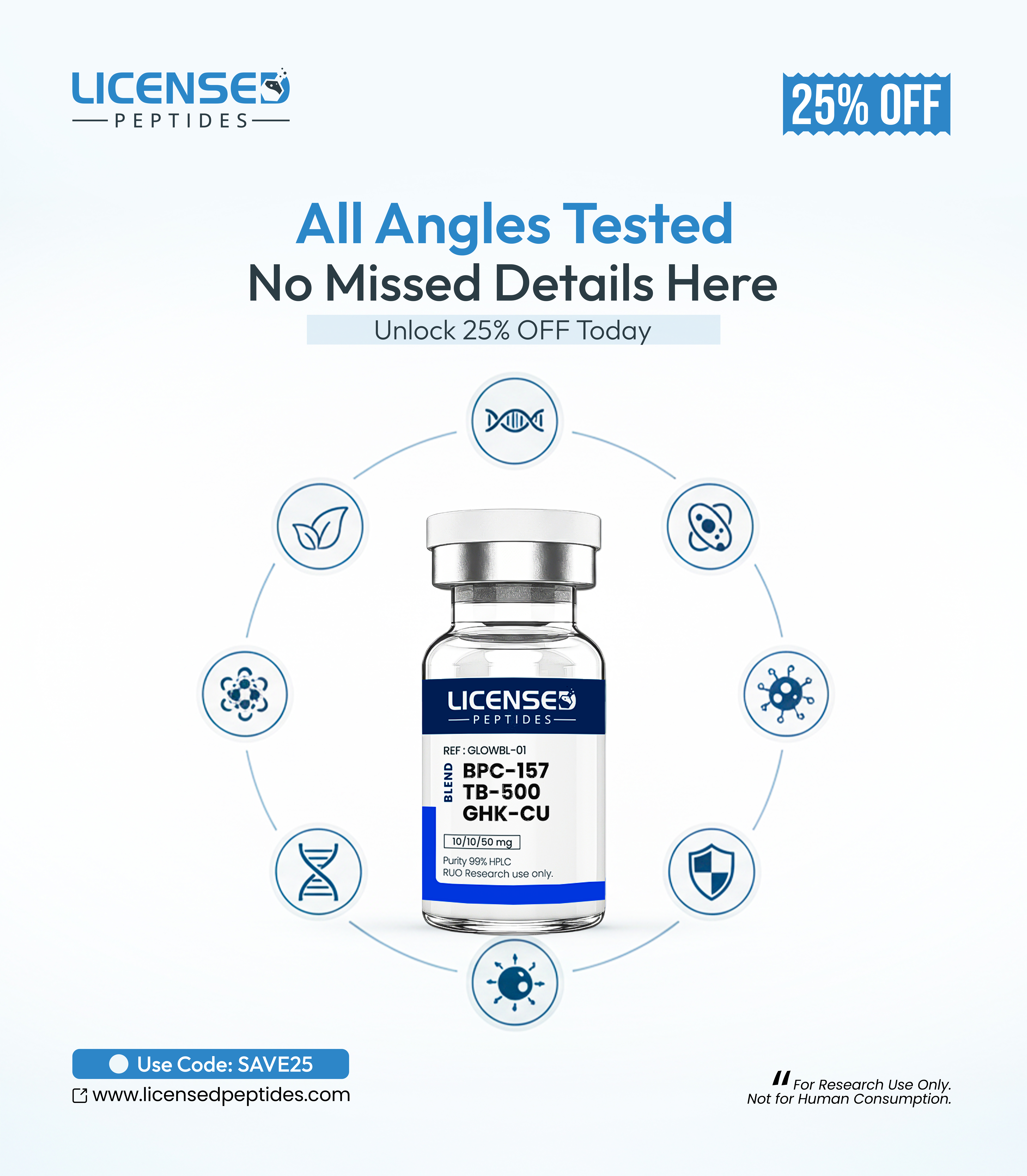 LicensedPeptides.com Facebook ad: 25% OFF Sale Ends Soon