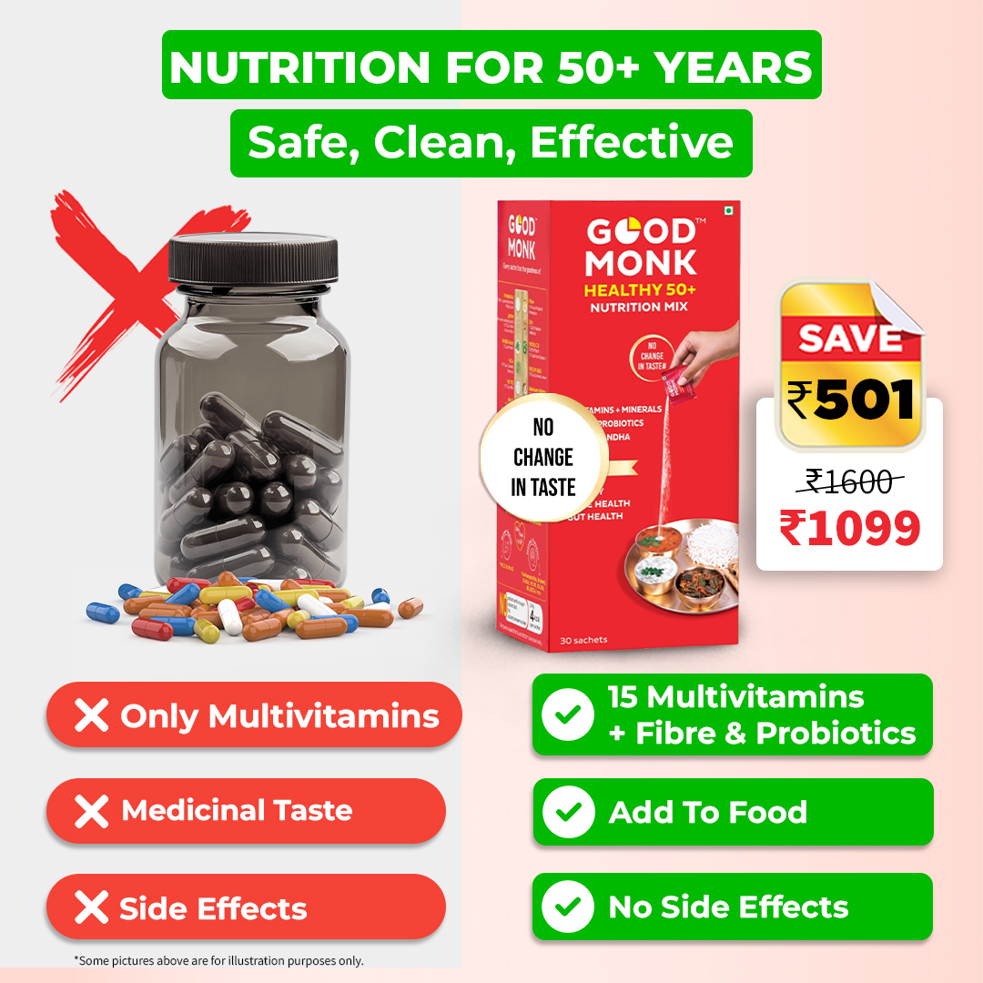 Good Monk Nutrition Facebook ad: Buy Nutrition Mix Multivitamin Sachet for 50+ Seniors |…