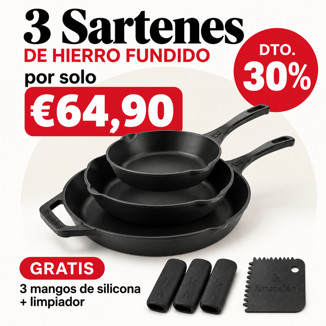 Bruselas Cocina Spain Facebook ad: 3 sartenes de hierro fundido por solo 64,90 €