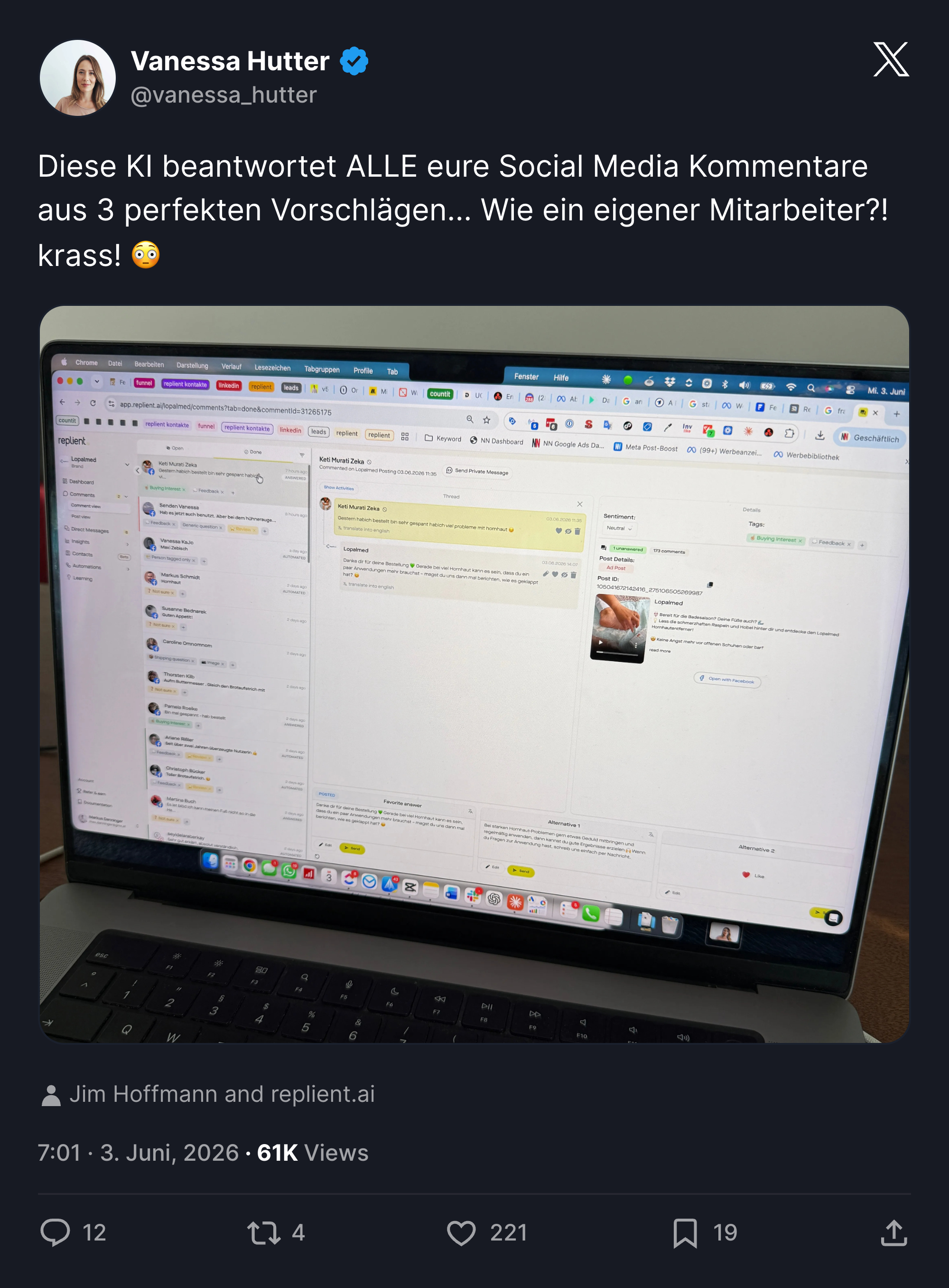 replient.ai Facebook ad: 80% Zeit sparen. 0,5 Mitarbeiter weniger.