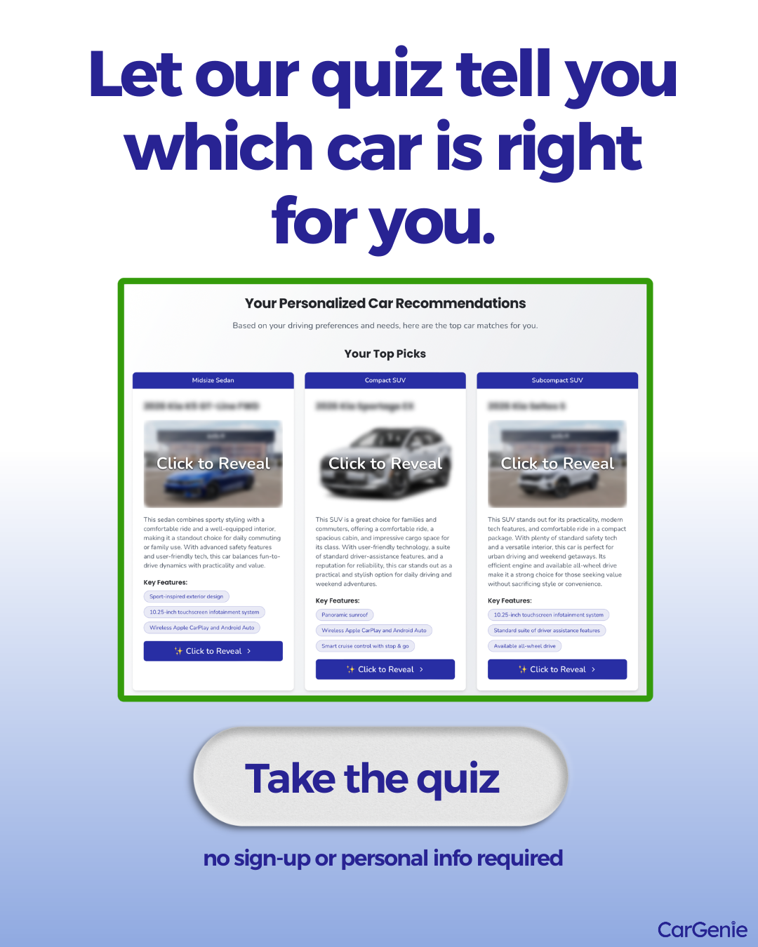 CarGenie.co Facebook ad: Take the free smart quiz, no signup or personal info…