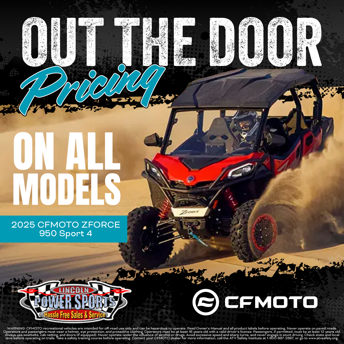 Lincoln Power Sports Facebook ad: Conquer More with CFMOTO, Available at Lincoln Powersports