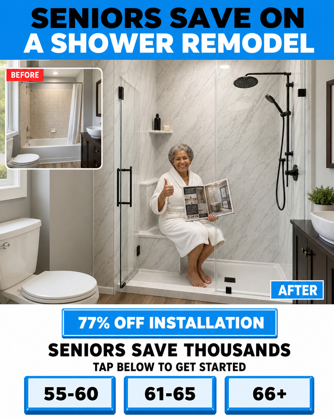 Five Star Bath Solutions Facebook ad: Seniors Save 77% On A New Bath Installation
