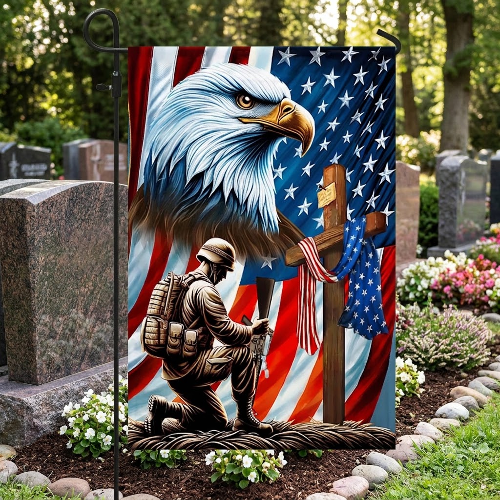 Flagwix.com Facebook ad: Veterans Day flag, Patriotic Eagle Veteran Kneeling…