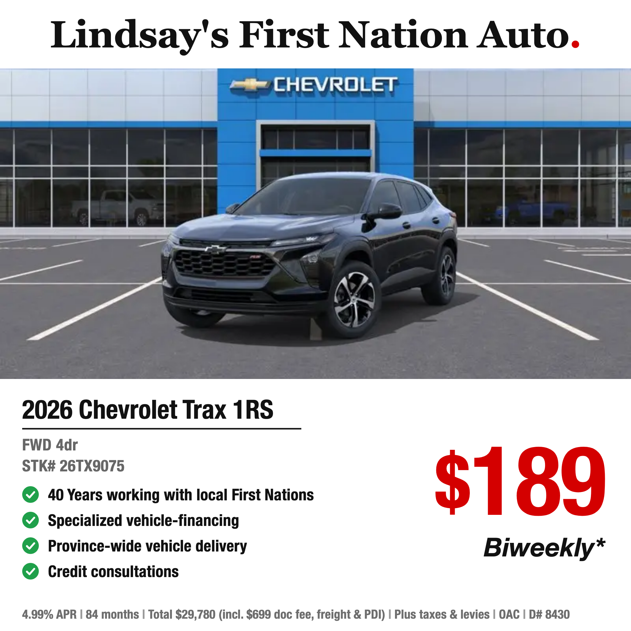 Lindsay First Nations Auto Finance Facebook ad: New 2026 Trax 1RS - $189 Biweekly OAC