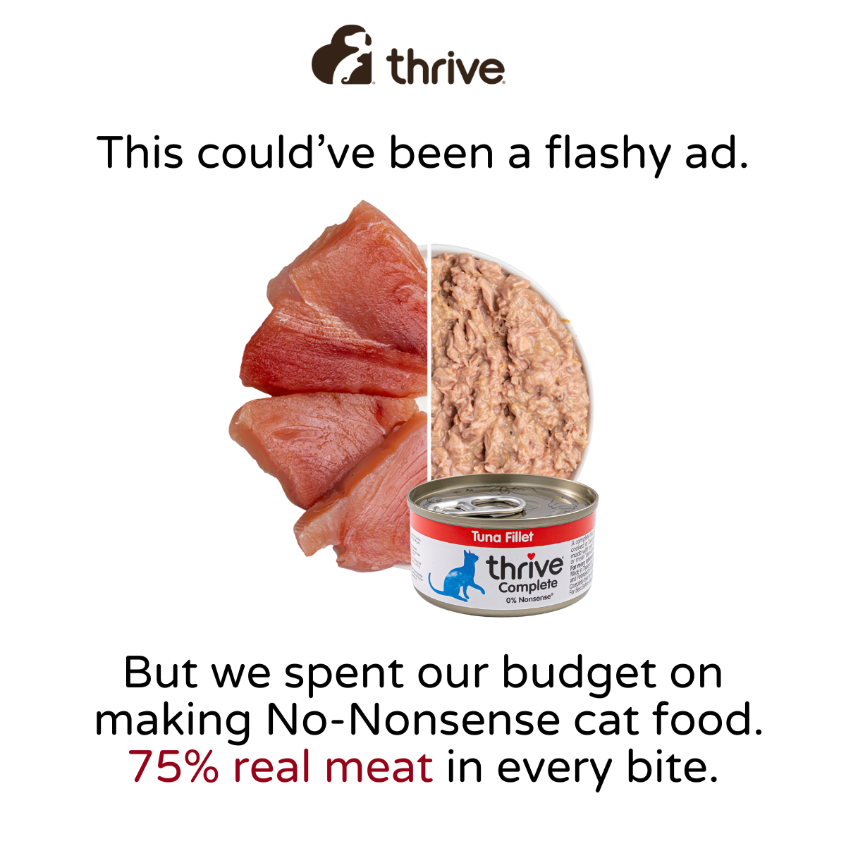 Thrive Pet Foods Facebook ad: 100% real food, 0% nonsense.