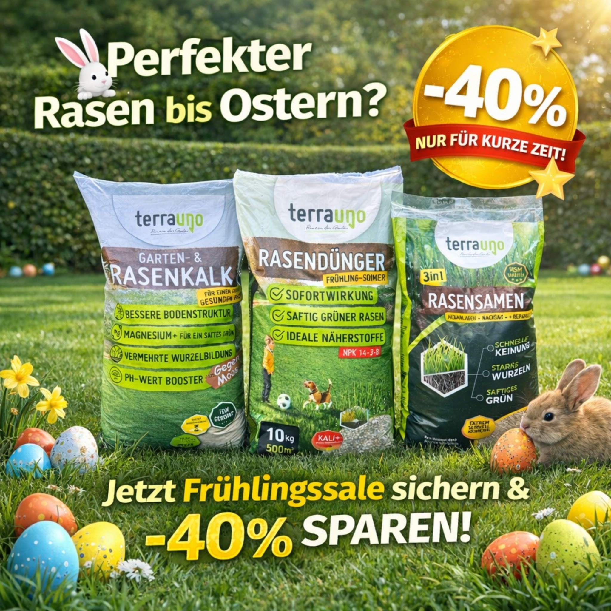 TerraUno Facebook ad: Frühjahr Sale: Bis zu 40 % auf Rasenpflege