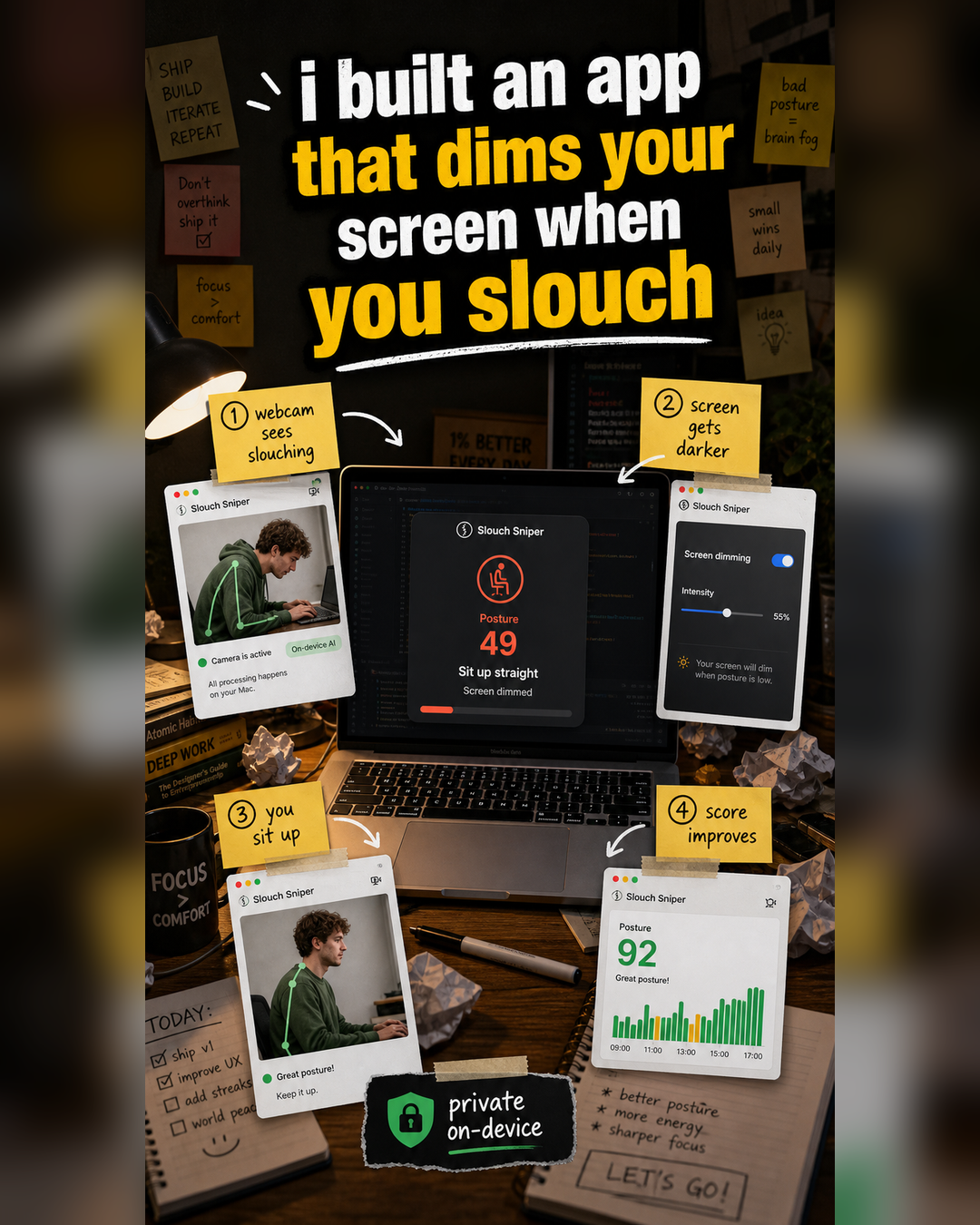 Slouch Sniper Facebook ad: I built an app that dims your screen